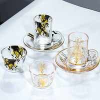 Ensemble de 3 tasses à thé en verre avec soucoupes, verrerie de luxe en gros, tasses à eau, ensemble de tasses à café en verre avec décalcomanie dorée et inscriptions musulmanes turques