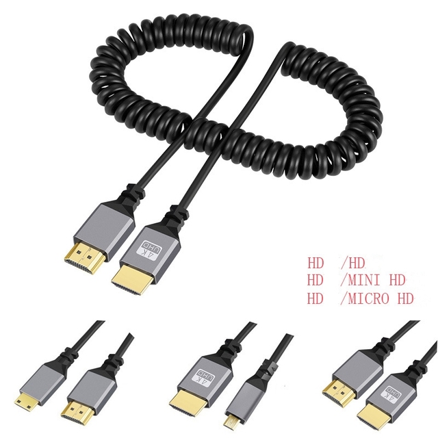 HDTV 4K60HZ/8K 0.5-2.4M Micro HD-Compatible to Mini HD Micro Coiled Extension Flexible Spiral Cable for PC McBook Pro Laptop