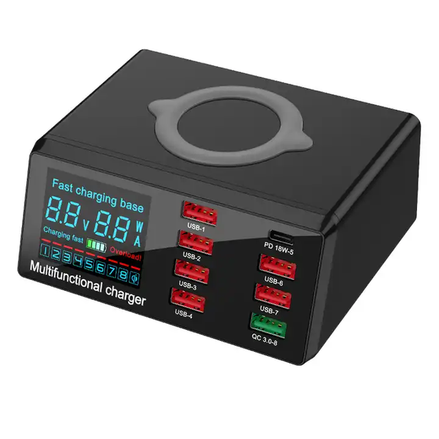 Premium 8-Port PD 18W QC3.0 Quick Charge Desktop Fast Charger Multifunctional for Qi Wireless Charging Station for iPad