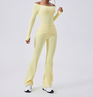 Combinaison de yoga à manches longues et épaules dénudées, 2 pièces, pantalon ajusté taille haute, tenue de fitness pour pilates en salle, tenue de yoga grande taille