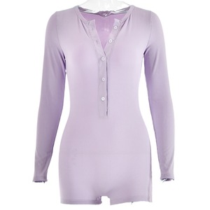 <b>Women's</b> Long Sleeve Button Front Bodysuit Ribbed Stretch Short <b>Romper</b> Sexy Fit Gray - Product Image 5