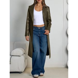 FOXA Manteau long en similicuir pour femme, coupe trench, ouvert sur le devant, coupe-vent, décontracté, pour l'automne - Product Image 2