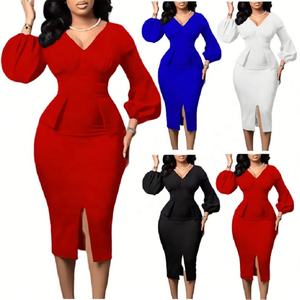 Vestido de Manga Abullonada con Cuello en V Cruzado, Color Sólido, Abertura Lateral, Vestidos de Oficina para Mujer, Vestidos Formales de <span class=keywords><strong>Trabajo</strong></span> - Product Image 1