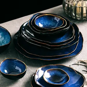 Conjunto de talheres para 1/2/4 pessoas, cor azul, cerâmica, formato irregular, prato para jantar