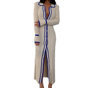 เดรสไหมพรมลายทางติดกระดุมแบบคาร์ดิแกน คอปก แขนยาว สไตล์ลำลอง เซ็กซี่ สำหรับผู้หญิง คุณภาพสูง รับผลิตตามสั่ง ขายส่ง แบบ OEM ODM สำหรับฤดูใบไม้ร่วงและฤดูหนาว - Product Image 4