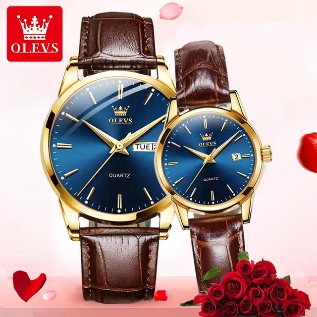Brand Olevs 6898 Couple Black Quartz Mens Watch Personalized Casual Genuine Leather Western Waterproof Wrist Watches for Lover's