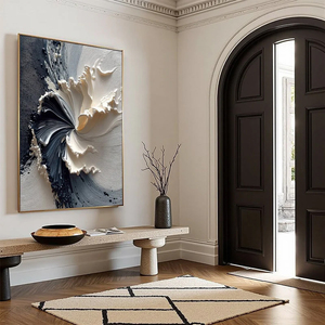 Large Bloom Textured Wabi Sabi Abstract Floral Painting <b>Black</b> and Beige <b>Framed</b> Canvas Decorative Arts Hand Painted Artwork - Product Image 1