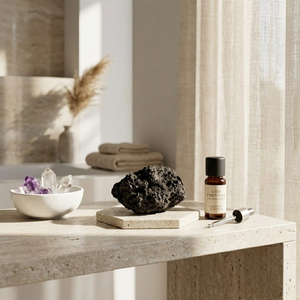 Diffuseur d'huiles essentielles en pierre de lave naturelle minimaliste nordique avec plateau hexagonal en travertin, diffuseur d'air en pierre volcanique - Product Image 1