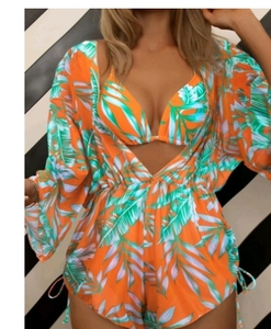 Nouveauté 2024 Ensemble trois pièces pour femmes européennes et américaines avec imprimé feuilles <span class=keywords><strong>Bikini</strong></span> et maillot de bain à manches longues pour la plage - Product Image 1