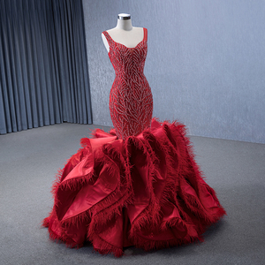 Robes de soirée en tulle rouge plissé à bretelles fines pour soirée élégante, robe de mariée ornée de perles de cristal pour femmes noires Rsm231143 - Product Image 4