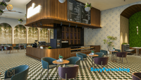 Concept d'intérieur pour café, comptoir de boulangerie personnalisé, banquette et mobilier de salle à manger pour restaurant commercial