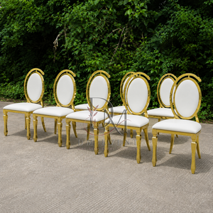 Double Oval <b>Medallion</b> Back <b>Gold</b> Stainless Steel Wedding Chair with White Cushion for Banquet and Hotel Events Wholesale Seating - Product Image 3