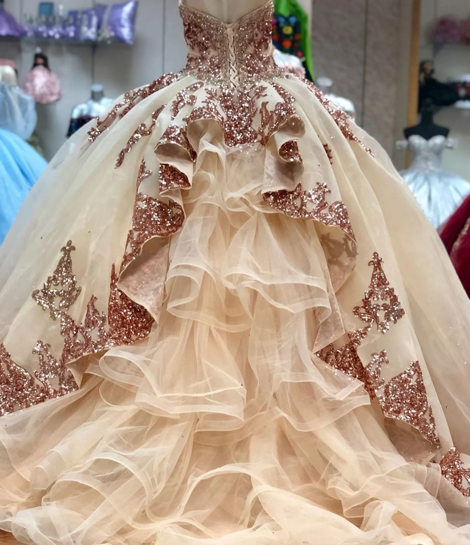 Shop Our Rose Gold Sparkly Ball Gown Quinceanera Dresses Shop Our Rose Gold Sparkly Ball Gown Quinceanera Dresses