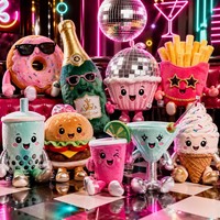 En gros, ensemble de peluches animaux en forme de collations de fête : Donut, Champagne, Cupcake, Frites, Bubble Tea, Burger, Cocktail, et mascotte alimentaire en peluche