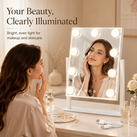 Miroir de Maquillage Carré Pliable de Bureau HD avec Éclairage LED, Finition Blanc Argent, 9 Ampoules LED, Interrupteur Tactile Intelligent en Métal, Grossissement 1X/10X, Vente en Gros DC