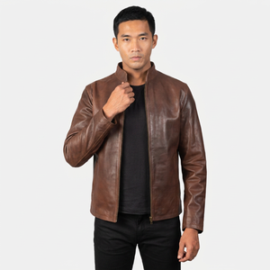 Asymmetrical Covered Button Men's C Skin <b>Leather</b> <b>Biker</b> <b>Jacket</b> Winter Fashion Windproof Breathable <b>Leather</b> Brown <b>Jackets</b> - Product Image 1