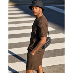 FOXA Conjunto de camiseta y pantalones cortos de punto para hombre, cuello redondo, manga corta, transpirable, informal, de verano, conjunto de 2 piezas - Product Image 2