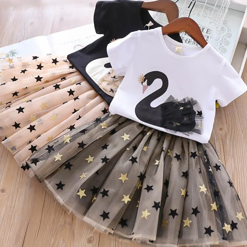 2021 girls summer clothes sets swan shirt lace tutu skirts 2pcs outfit for girls kids star sequin clothes