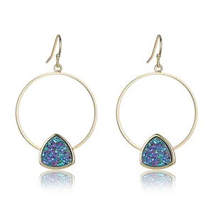 fashion gold plated natural crystal quartz gemstone triangle druzy statement earrings for women 2022