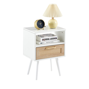 Modern Nightstand With <b>Drawer</b> And Rattan Front 15.75 In White <b>Side</b> <b>Table</b> For Bedroom Storage - Product Image 4