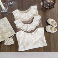 Haut à manches longues pour bébé fille, broderie en dentelle, col de poupée, t-shirt uni pour tout-petits, printemps automne, chemisier pour enfants