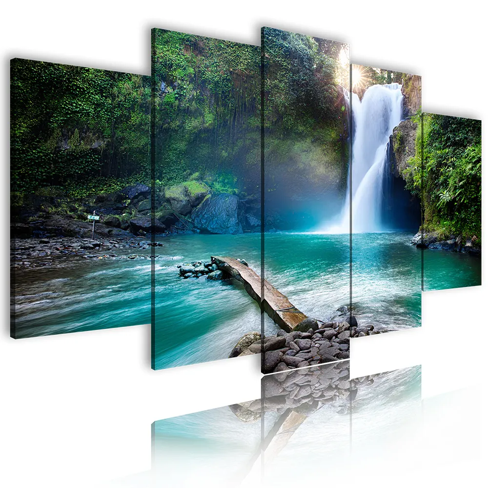 Painel de lona de decoração personalizado, arte de parede com 5 peças de cachoeira decorativa para sua casa, paisagem, imagem
