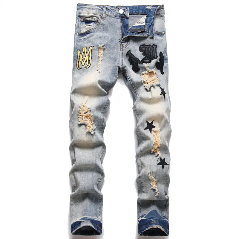 New Men's Design Ripped Vintage Slim jeans Blue Distressed Patchched men pants denim pantalones de hombre jeans