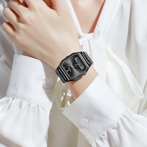 Montre multifonction carrée noire LIGE FB0099 pour femmes, 2 fuseaux horaires, acier inoxydable, montre-bracelet lumineuse, montre numérique LED, cadeau pour femme - Product Image 6