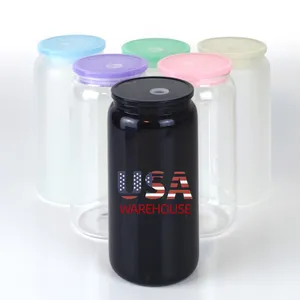 USA magazzino 16oz nero sublimazione di vetro di birra 16oz birra bicchiere di Soda tazza con coperchio di plastica e paglia per DTF UV stampa