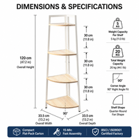 Étagère d'angle 4 niveaux peu encombrante, autoportante, en forme d'éventail, en MDF, avec structure métallique, pour salon