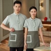 Uniforme d'été pour personnel d'hôtel et de restaurant 23118-20, manches courtes, polyester, logo personnalisé, tenue de service de restauration unisexe, équipe de café