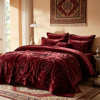 Set Sprei 6 Buah Bahan Beludru Susu 350GSM Motif Mawar Stereo, Ukuran Kustom Grosir, Set Sarung Selimut Mewah untuk Apartemen dan Rumah