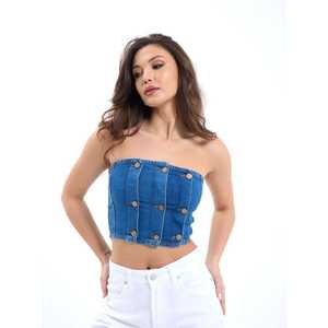 Top Corto Tipo Bustier de Mezclilla Lome, Sin Tirantes, Azul, Top de Moda para Mujer, 100% Algodón - Product Image 2