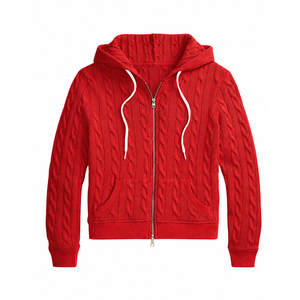 Wholesale Custom 100% Cotton Cable Knit <strong>Women</strong> Hooded Sweater Zip up 7GG Chunky <strong>Red</strong> Preppy Varsity Zip Knitwear <strong>Cardigan</strong> - Product Image 5