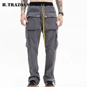 Custom New Design High Street Wear Men Multi Pockets Blank Cargo Pants with button bottom
