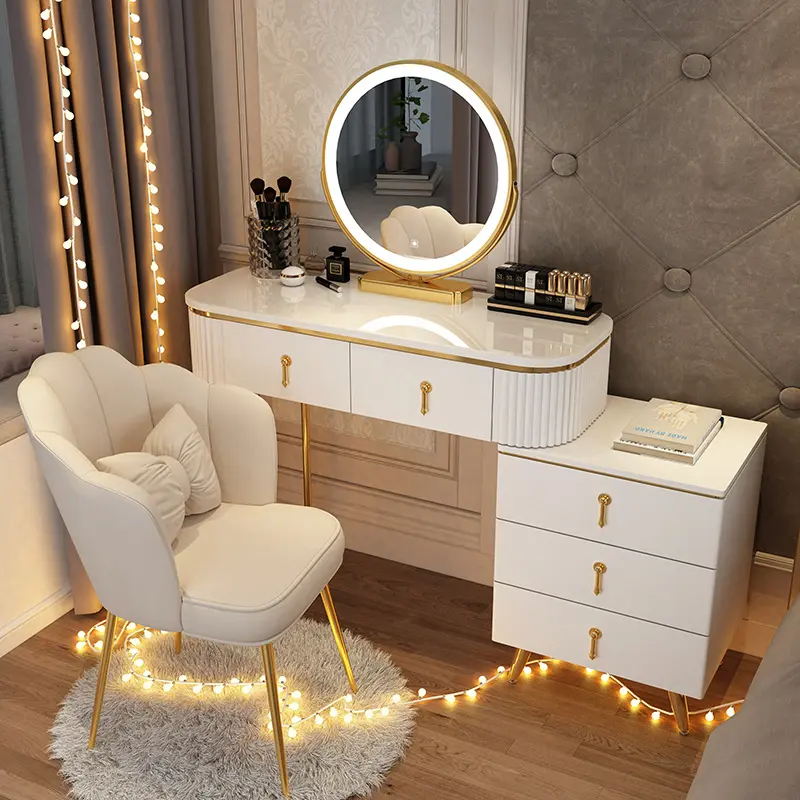 Coiffeuse blanche à 6 tiroirs style nordique et miroir lumineux, pour meubles de chambre à coucher, commode ou coiffeuse, lampe Led, nouvelle collection