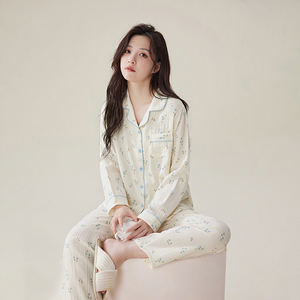 Nouvel Ensemble de Pyjama Femme en <span class=keywords><strong>Gaze</strong></span> <span class=keywords><strong>Double</strong></span> Couche Printemps/Automne, Col Rabattu, Prêt-à-Porter, Manches Longues 100% Coton - Product Image 1