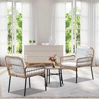 Ensemble de chaise et table basse en rotin PE résistant à l'eau pour l'extérieur (2 chaises + 1 table) avec pieds en métal noir