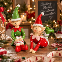 Ensemble de 2 figurines d'elfes de Noël garçon et fille, peintes à la main, à pois et rayées, en résine, assises, cadeau de Noël, décoration de table pour la maison