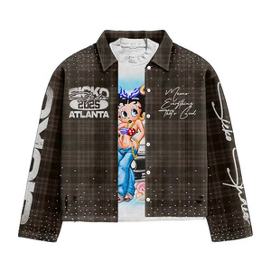 Tùy Chỉnh Người Đàn Ông Của Retro Vuông Flannel T-Shirt Quá Khổ Thả Vai Dài Tay Áo Rhinestone Sọc Quan Thoại Giản Dị Bông Tẩy - Product Image 6