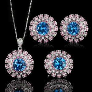 High Quality Eco-friendly Copper Silver Plated Round Cut 14MM-10MM Blue Zircon Flower Jewelry <b>Set</b> for Dazzling Statement Tu - Product Image 1
