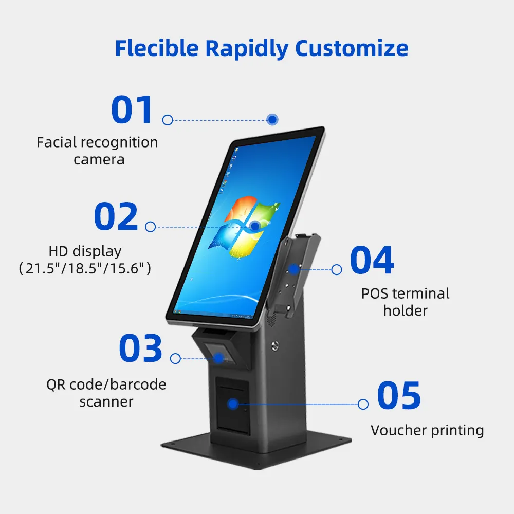 Hot Selling 21.5 Inch Self Service Kiosk QR Code Scanner Voucher Printing Queue Number Calling Kiosk For Government