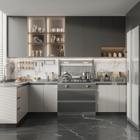 Meuble de cuisine élégant à panneaux surélevés avec tiroirs de rangement et poignées, idéal pour les projets d'aménagement intérieur de villas haut de gamme
