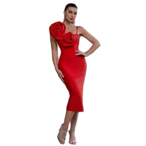 Abito <span class=keywords><strong>midi</strong></span> da donna sexy con <span class=keywords><strong>fiori</strong></span> 3D decorativi, spalline sottili, senza maniche, aderente, scollato sulla schiena, alla moda per feste - Vestidos - Product Image 1