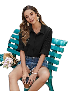 RNSHANGER Women's Summer Breathable Casual Cotton Linen Solid <b>Blouse</b> Loose Fit Harajuku Style Long Sleeve Button Shirt - Product Image 1