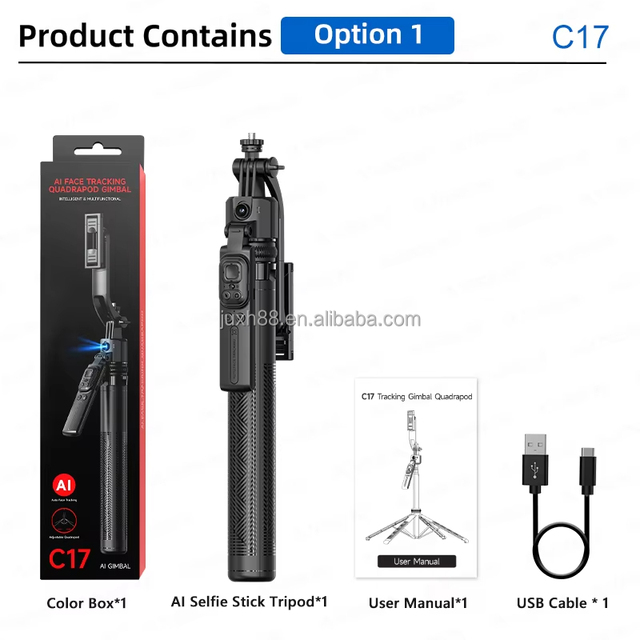 New 2026 C17 AI Tracking Gimbal Cellphone Stand Extension Rod Selfie Stick Tripod 360° Auto Rotate for Smartphones Shooting Vlog