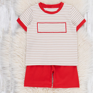 Vestiti abbinati per ragazzi Set corto rosso per la personalizzazione del ragazzino vestito di cotone a righe per bambini - Product Image 1