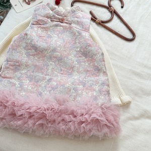 Tongxingyuan Girls Sleeveless Cheongsam Dress Thickened Pink Tulle Hem Winter Fashion Retro Style - Product Image 2