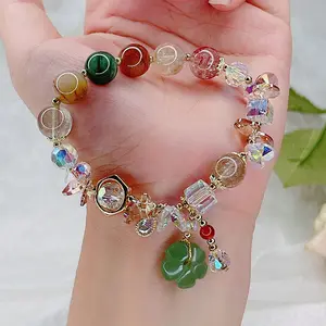 2023 Trendy Healing Crystals Stone Bracelet Handmade Elastic Rope Green Aventurine Flower Pendant Crystal Bead Bracelet