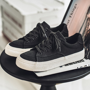 Wholesale Comfortable Black Retro Bread Flat Solid Sneakers Shoes Breathable Lace Rubber <b>Canvas</b> Shoes Height Increasing Lighted - Product Image 4